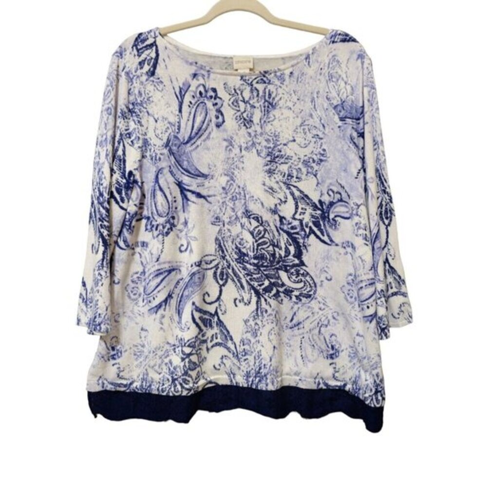 Chico's Blouse Women Size 3 XL 16 Cotton Blend Blue White Paisley Lace Trim 3/4
